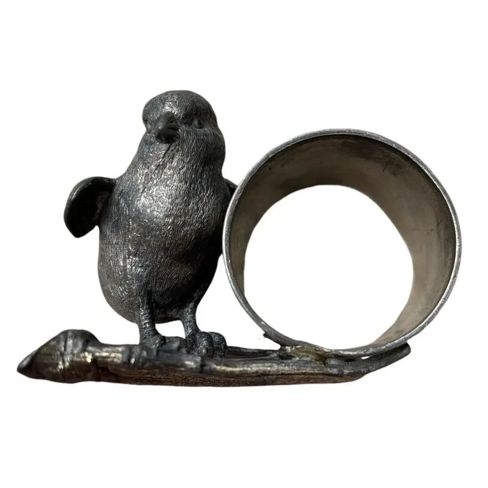 VICTORIAN FIGURAL BIRD BABY CHICK On Branch Leaf SILVERPLATE NAPKIN RING Antique